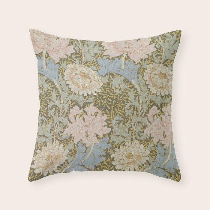 William Morris Vintage Chrysanthemum Pastel Pink Gold Blue 1876  Throw Pillow Gallery Image 6