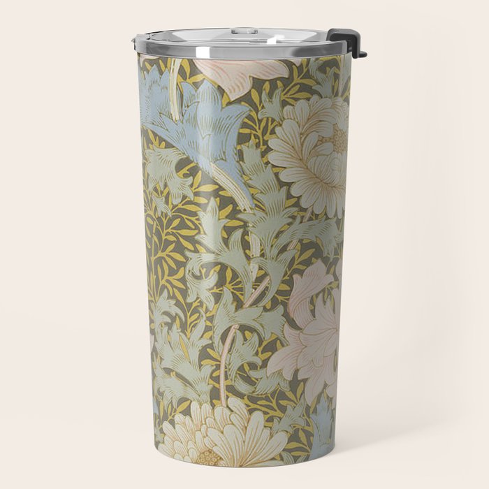 William Morris Vintage Chrysanthemum Pastel Pink Gold Blue 1876  Travel Mug Gallery Image 2