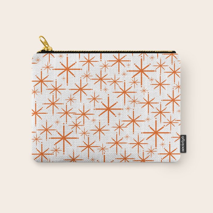 Twinkling Starbursts Mid Century Modern Pattern in White and Orange Carry All Pouch Gallery Image 1