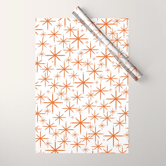 Twinkling Starbursts Mid Century Modern Pattern in White and Orange Wrapping Paper Gallery Image 1