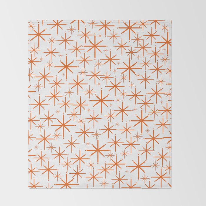 Twinkling Starbursts Mid Century Modern Pattern in White and Orange Throw Blanket Gallery Image 2