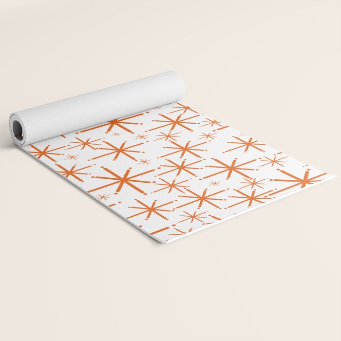 Twinkling Starbursts Mid Century Modern Pattern in White and Orange Yoga Mat Gallery Image 2