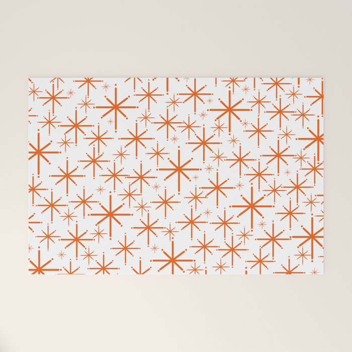 Twinkling Starbursts Mid Century Modern Pattern in White and Orange Welcome Mat Gallery Image 1