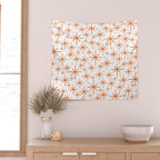 Twinkling Starbursts Mid Century Modern Pattern in White and Orange Wall Tapestry Gallery Image 2