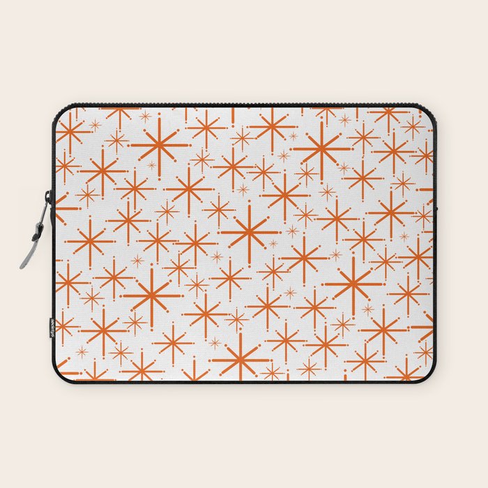 Twinkling Starbursts Mid Century Modern Pattern in White and Orange Laptop Sleeve Gallery Image 1