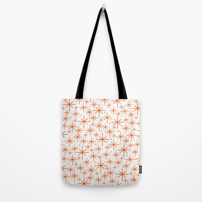 Twinkling Starbursts Mid Century Modern Pattern in White and Orange Tote Bag Gallery Image 2