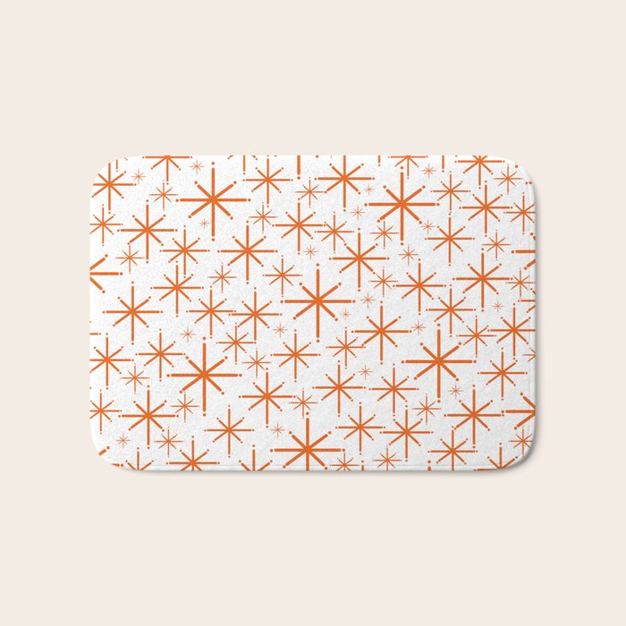 Twinkling Starbursts Mid Century Modern Pattern in White and Orange Bath Mat Gallery Image 1