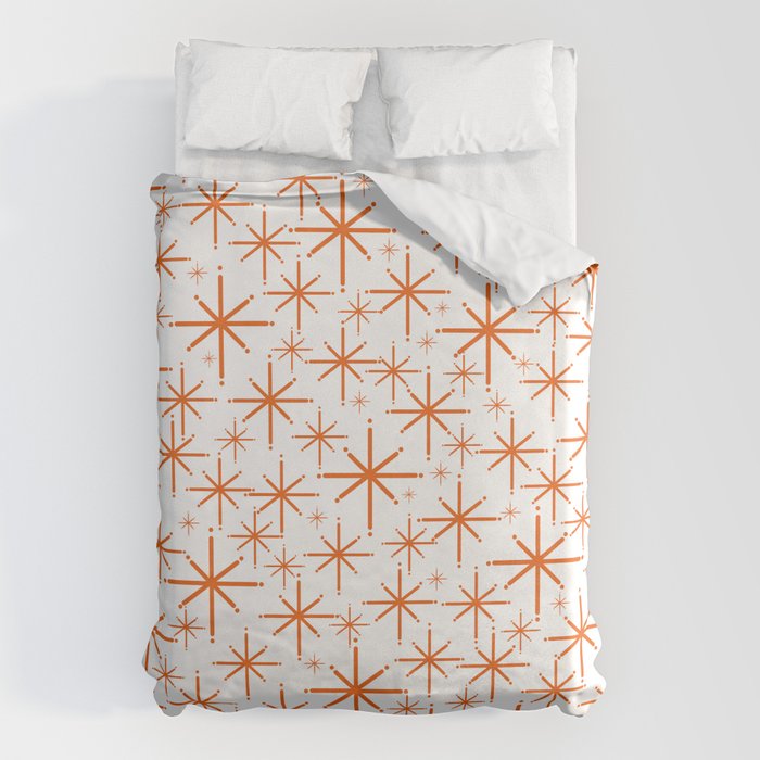 Twinkling Starbursts Mid Century Modern Pattern in White and Orange Duvet Cover Gallery Image 6