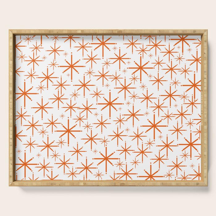 Twinkling Starbursts Mid Century Modern Pattern in White and Orange Serving Tray Gallery Image 1