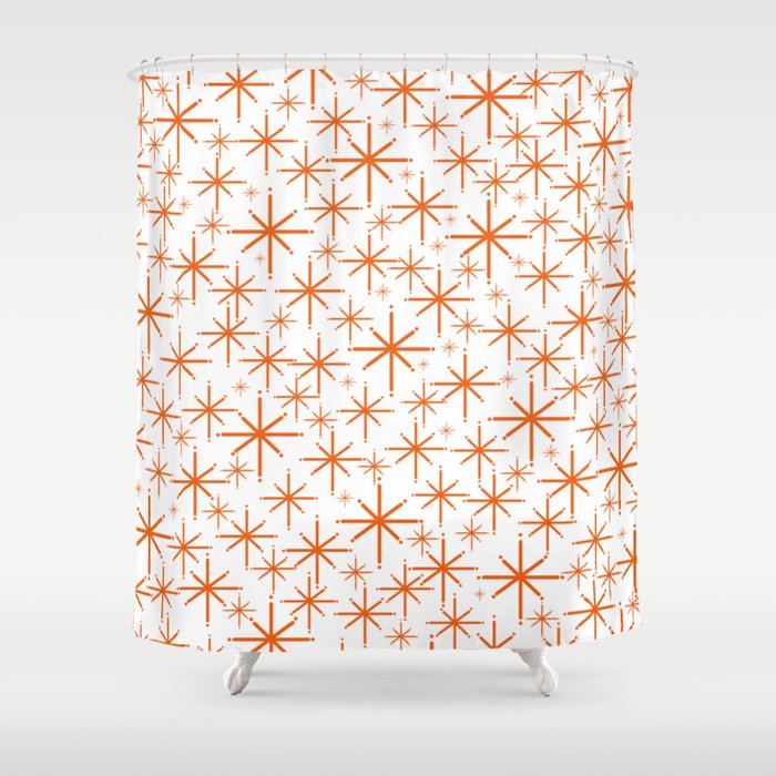 Twinkling Starbursts Mid Century Modern Pattern in White and Orange Shower Curtain Gallery Image 1