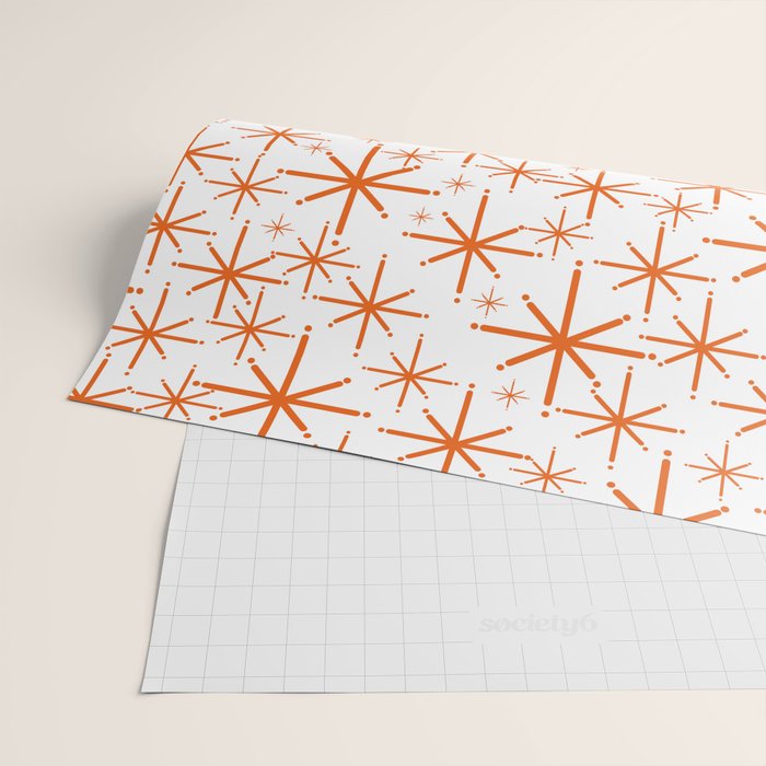 Twinkling Starbursts Mid Century Modern Pattern in White and Orange Wrapping Paper Gallery Image 2