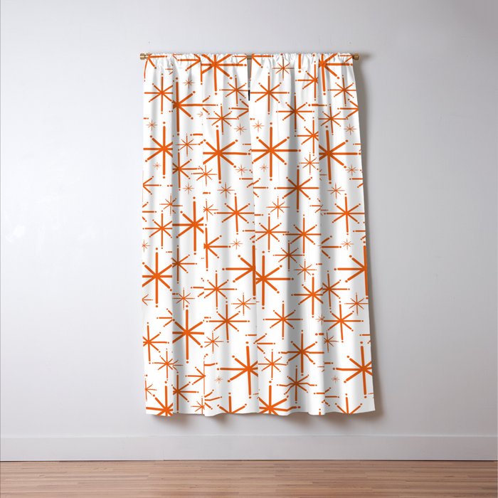 Twinkling Starbursts Mid Century Modern Pattern in White and Orange Window Curtain Gallery Image 3