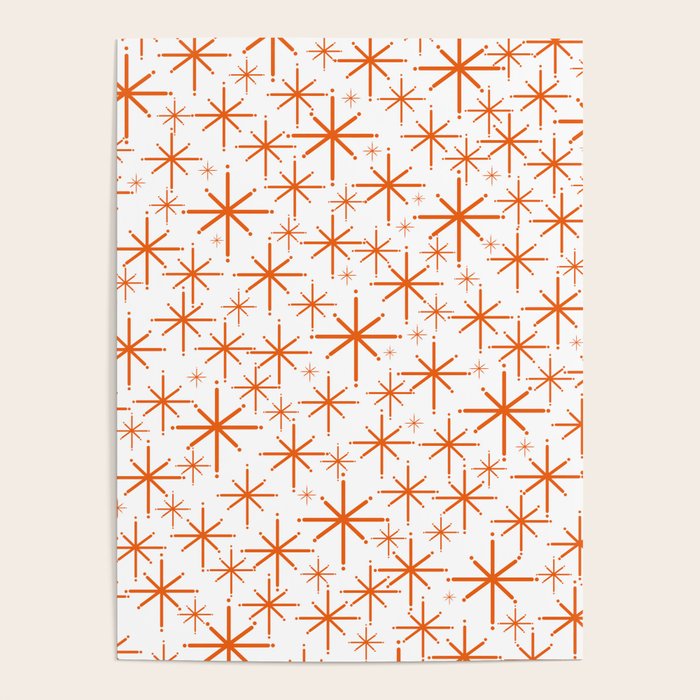Twinkling Starbursts Mid Century Modern Pattern in White and Orange Poster Gallery Image 4
