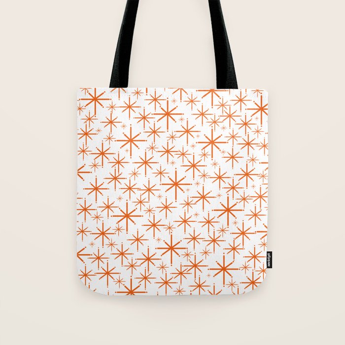 Twinkling Starbursts Mid Century Modern Pattern in White and Orange Tote Bag Gallery Image 1