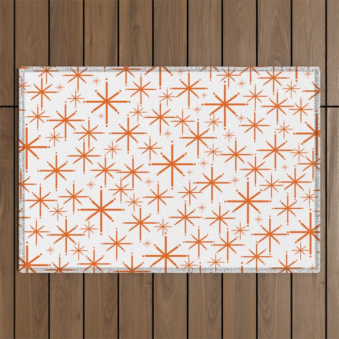 Twinkling Starbursts Mid Century Modern Pattern in White and Orange Outdoor Rug Gallery Image 1