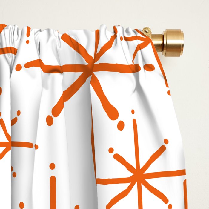 Twinkling Starbursts Mid Century Modern Pattern in White and Orange Window Curtain Gallery Image 2