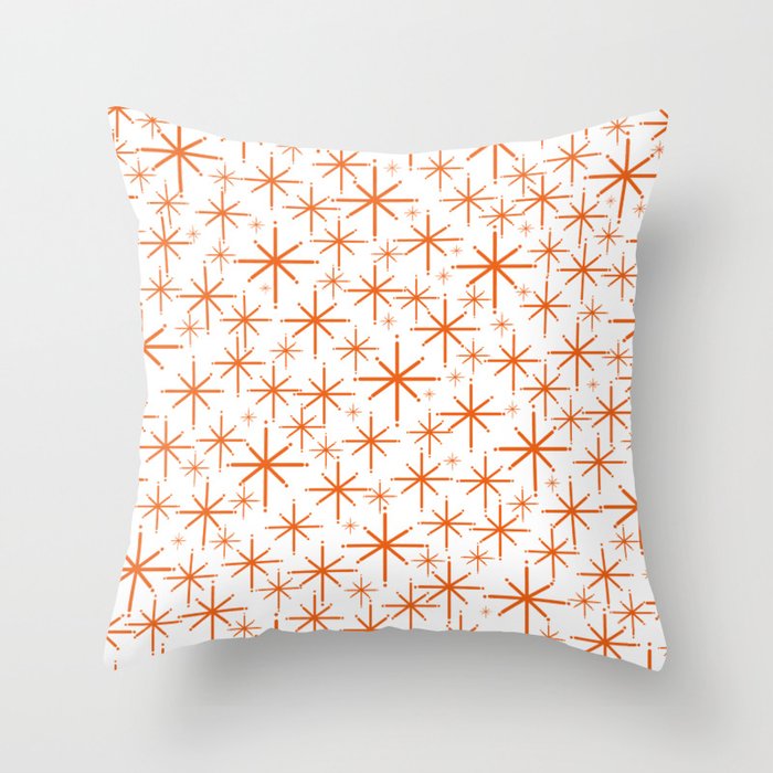 Twinkling Starbursts Mid Century Modern Pattern in White and Orange Throw Pillow Gallery Image 1