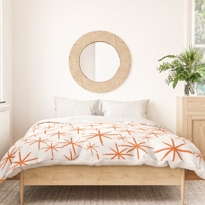 Twinkling Starbursts Mid Century Modern Pattern in White and Orange Duvet Cover Gallery Image 3