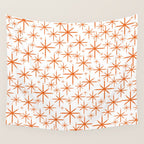 Twinkling Starbursts Mid Century Modern Pattern in White and Orange Wall Tapestry Gallery Image 4