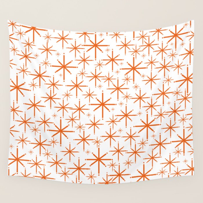 Twinkling Starbursts Mid Century Modern Pattern in White and Orange Wall Tapestry Gallery Image 4