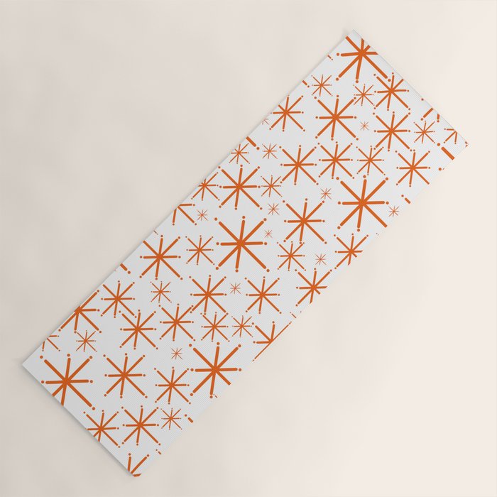 Twinkling Starbursts Mid Century Modern Pattern in White and Orange Yoga Mat Gallery Image 1