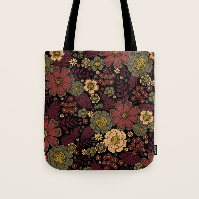 Classy Burgundy, Cream & Sage Green Floral Pattern Tote Bag Gallery Image 1