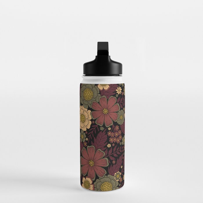 Classy Burgundy, Cream & Sage Green Floral Pattern Water Bottle Gallery Image 3