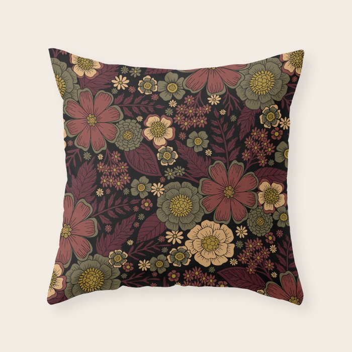 Classy Burgundy, Cream & Sage Green Floral Pattern Throw Pillow Gallery Image 6