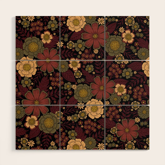 Classy Burgundy, Cream & Sage Green Floral Pattern Wood Wall Art Gallery Image 1