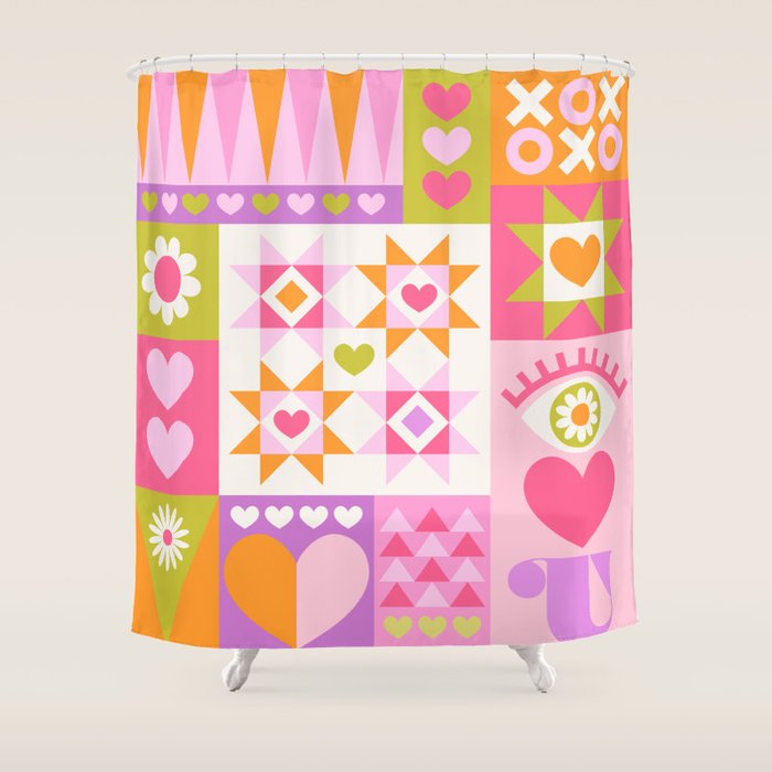 I Love You Checkerboard - Pink & Orange Shower Curtain Gallery Image 1
