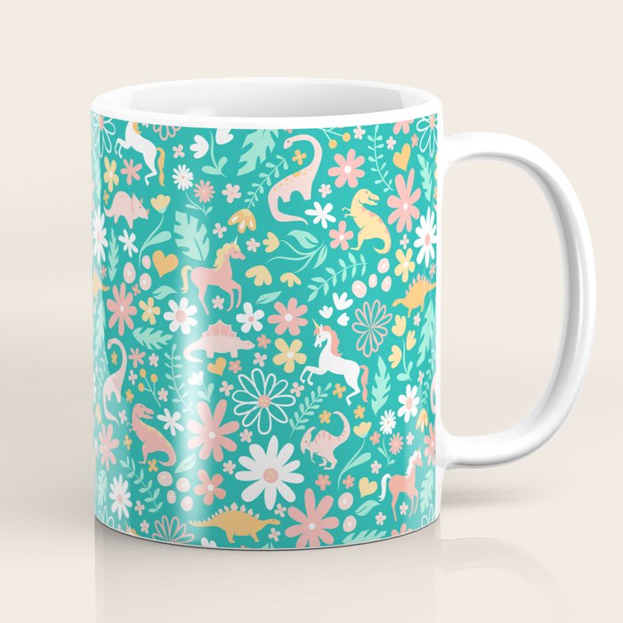 Dinosaurs + Unicorns on Teal Coffee Mug Gallery Image 1