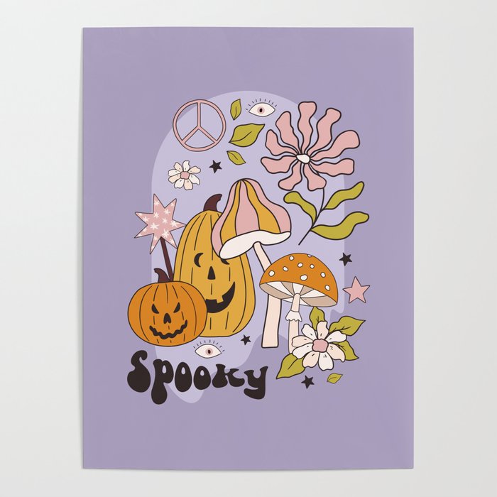 Hippie Groovy Halloween Print in Pastel Lilac Poster Gallery Image 1