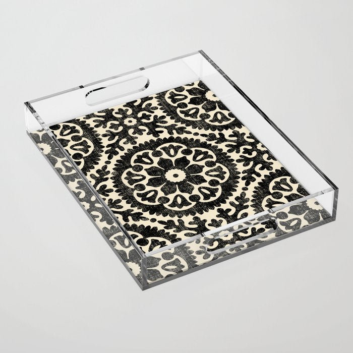 Folk Art Mandala - black and cream Acrylic Tray Gallery Image 1