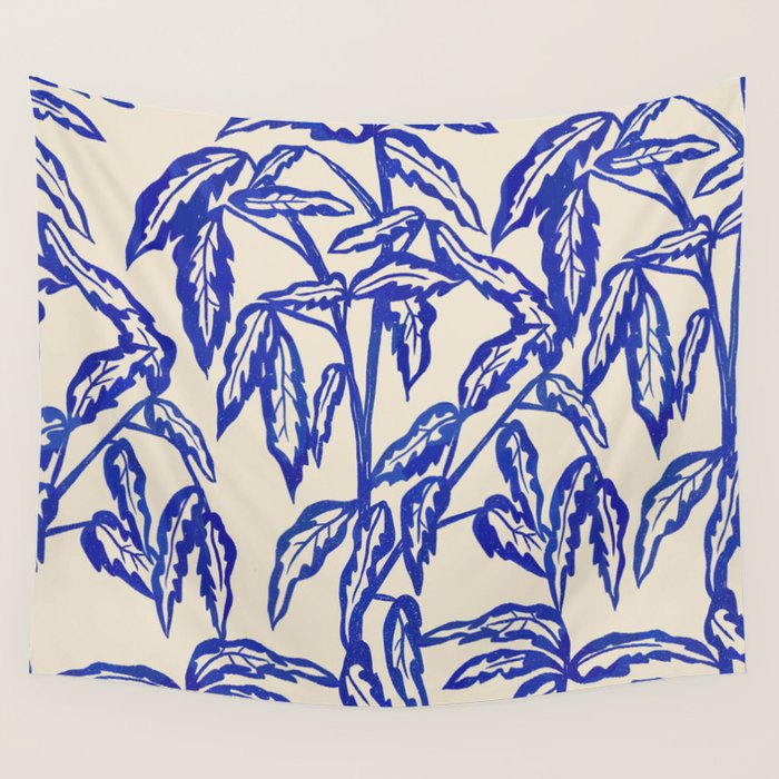 Minimal Blue Plant Wall Tapestry