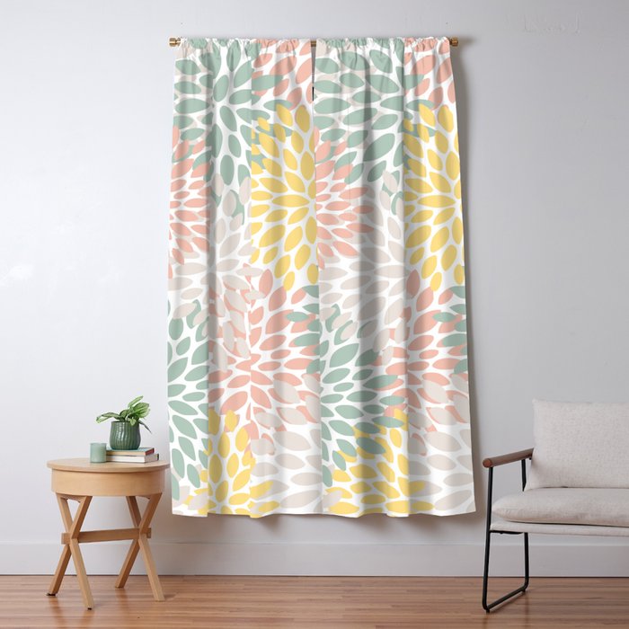 Festive, Abstract, Floral Prints, Coral, Green, Yellow Window Curtain Gallery Image 5