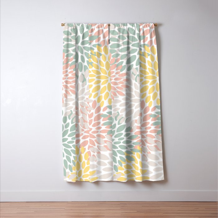 Festive, Abstract, Floral Prints, Coral, Green, Yellow Window Curtain Gallery Image 3