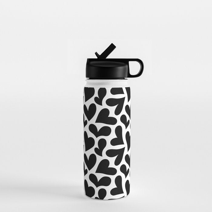 Black and white love heart shape pattern Water Bottle Gallery Image 1