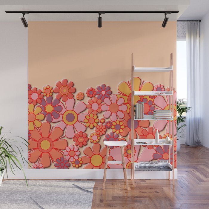 Retro Garden Flower Cuff 60s 70s Puffy Look Pink Peach Orange Pattern Wall Mural Gallery Image 1