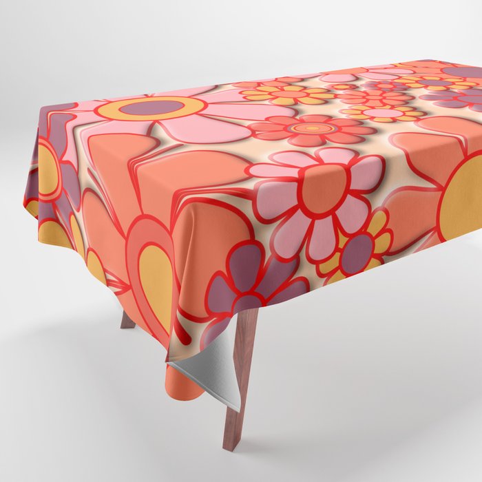 Retro Garden Flower Cuff 60s 70s Puffy Look Pink Peach Orange Pattern Tablecloth Gallery Image 1