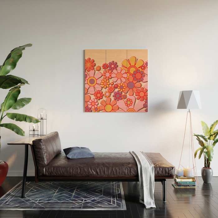 Retro Garden Flower Cuff 60s 70s Puffy Look Pink Peach Orange Pattern Wood Wall Art Gallery Image 2