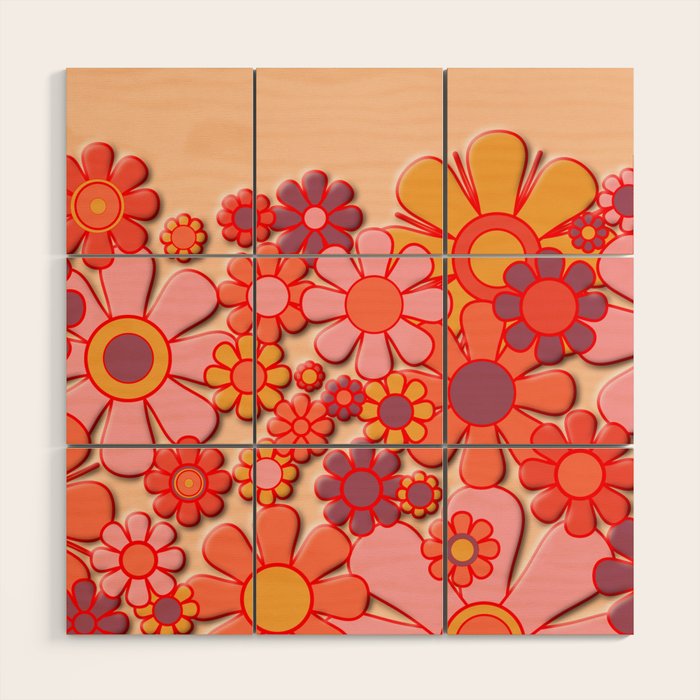 Retro Garden Flower Cuff 60s 70s Puffy Look Pink Peach Orange Pattern Wood Wall Art Gallery Image 1