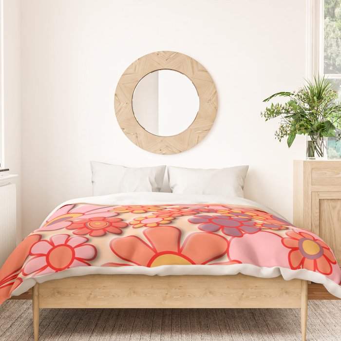 Retro Garden Flower Cuff 60s 70s Puffy Look Pink Peach Orange Pattern Duvet Cover Gallery Image 3