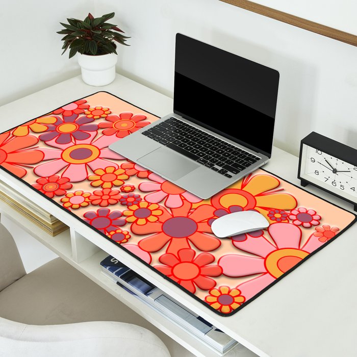 Retro Garden Flower Cuff 60s 70s Puffy Look Pink Peach Orange Pattern Desk Mat Gallery Image 2