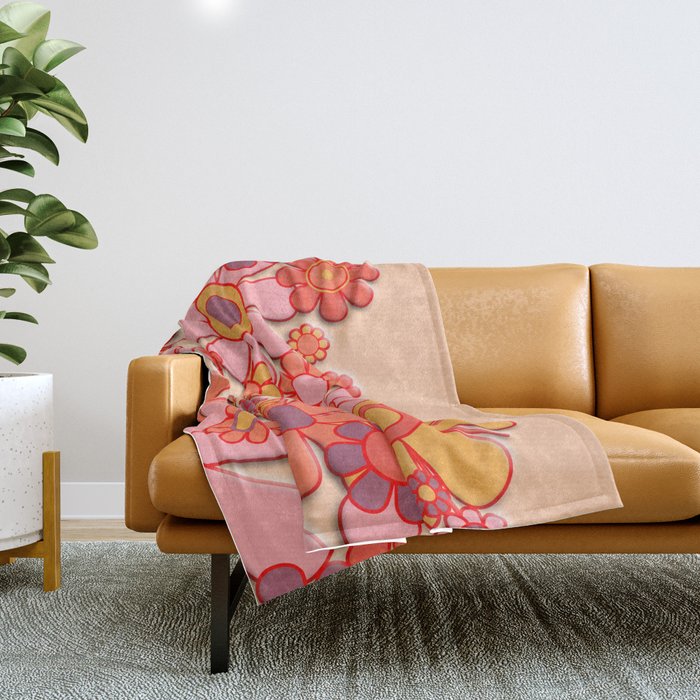 Retro Garden Flower Cuff 60s 70s Puffy Look Pink Peach Orange Pattern Throw Blanket Gallery Image 1