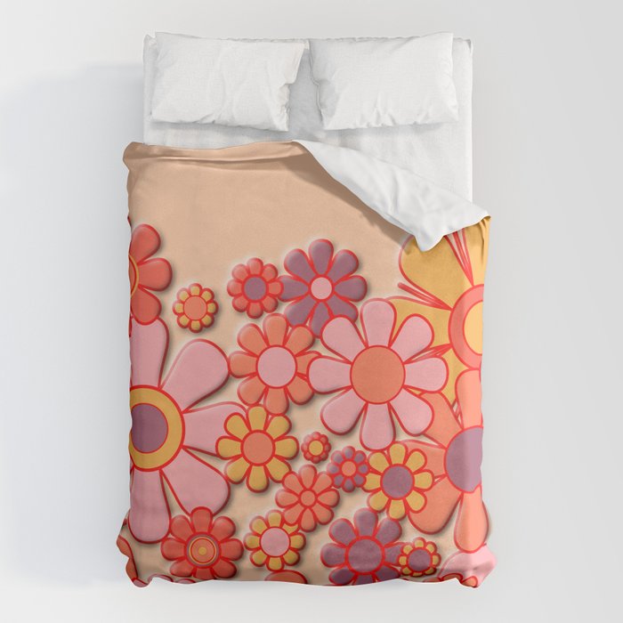 Retro Garden Flower Cuff 60s 70s Puffy Look Pink Peach Orange Pattern Duvet Cover Gallery Image 1