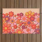 Retro Garden Flower Cuff 60s 70s Puffy Look Pink Peach Orange Pattern Outdoor Rug Gallery Image 1