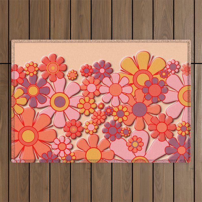 Retro Garden Flower Cuff 60s 70s Puffy Look Pink Peach Orange Pattern Outdoor Rug Gallery Image 1