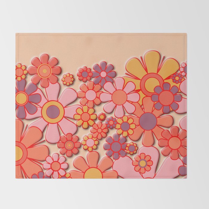 Retro Garden Flower Cuff 60s 70s Puffy Look Pink Peach Orange Pattern Throw Blanket Gallery Image 2