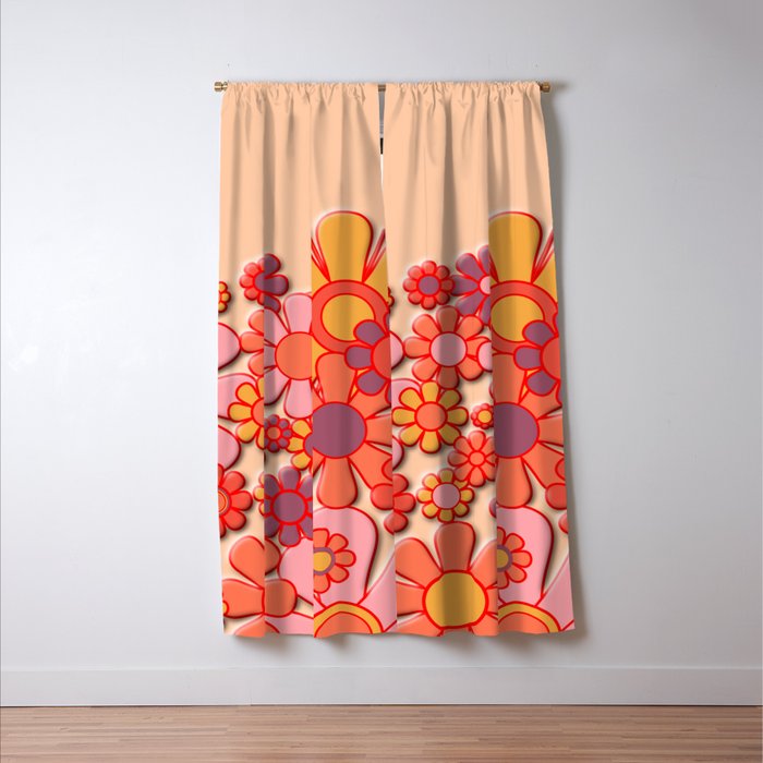 Retro Garden Flower Cuff 60s 70s Puffy Look Pink Peach Orange Pattern Window Curtain Gallery Image 3
