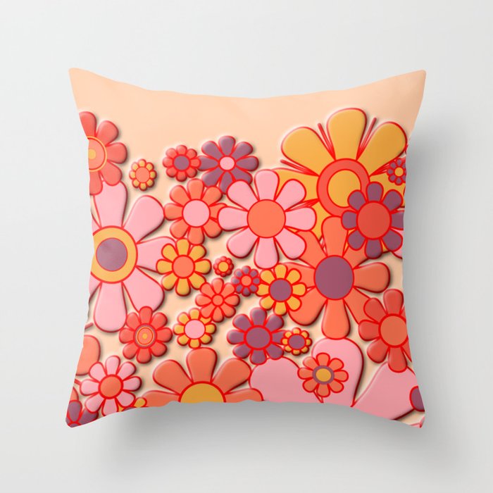 Retro Garden Flower Cuff 60s 70s Puffy Look Pink Peach Orange Pattern Throw Pillow Gallery Image 6